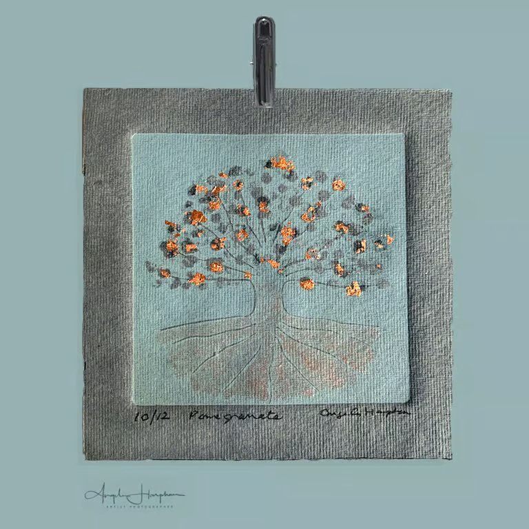 Lino Print with Bronze Metallic Leaf Embellishment - Pomegranate