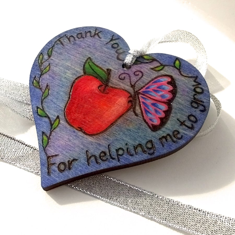 Teacher Gift. Personalised. Thank you for helping me to grow, pyrography heart. 