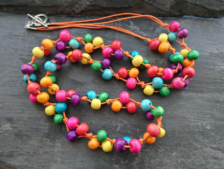 Rainbow wooden necklace with orange cotton cord