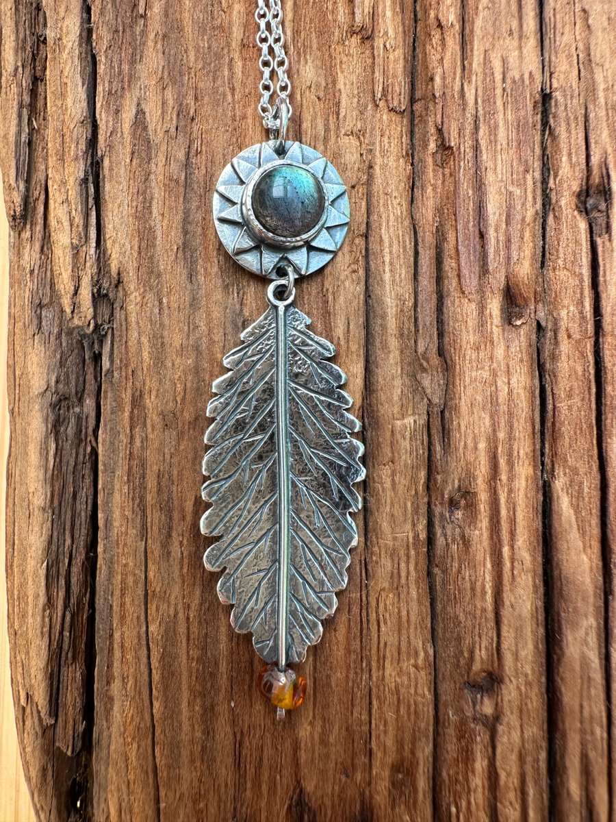 Leaf Pendant with Labradorite Cabochon