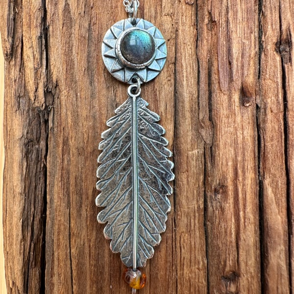Leaf Pendant with Labradorite Cabochon