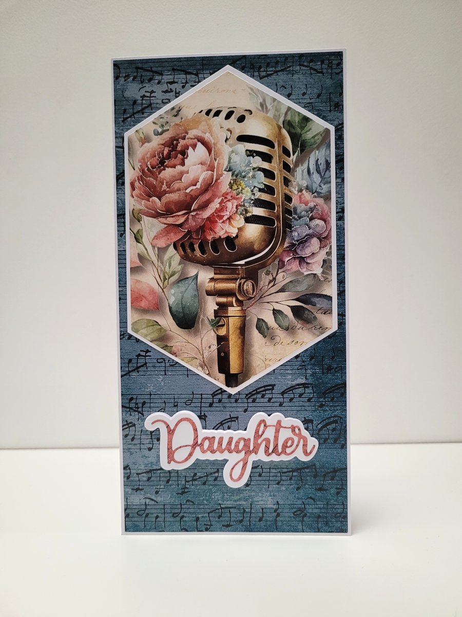 Daughter Birthday Card – Handmade Vintage Microphone Floral Card