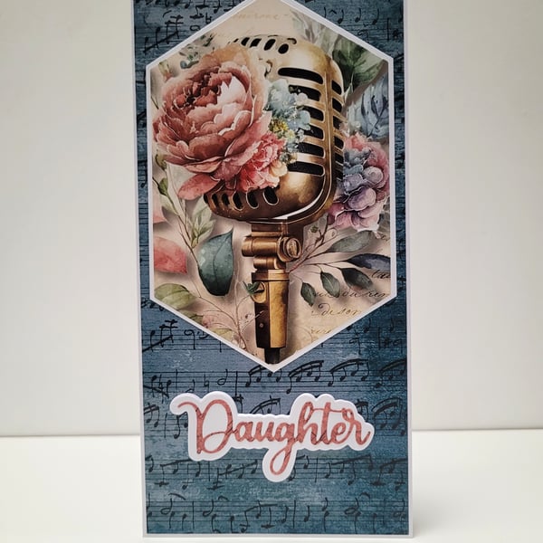 Daughter Birthday Card – Handmade Vintage Microphone Floral Card