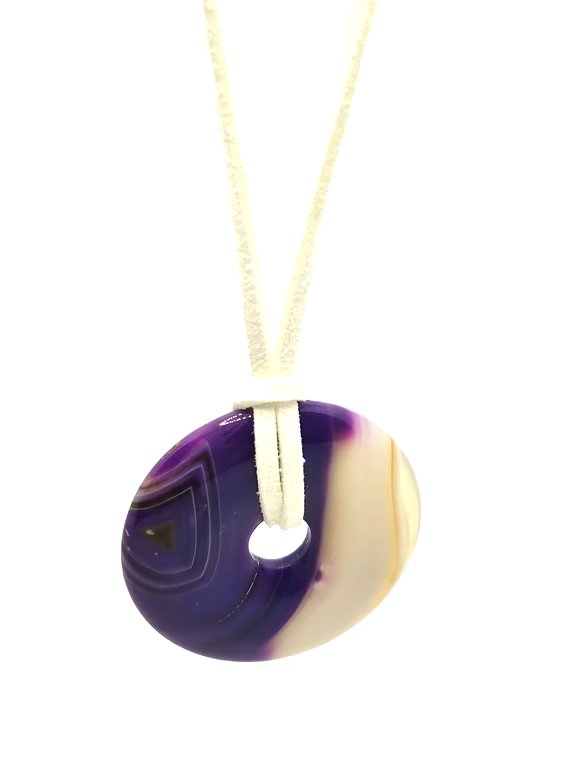 Purple dyed agate donut pendant with faux white leather cord