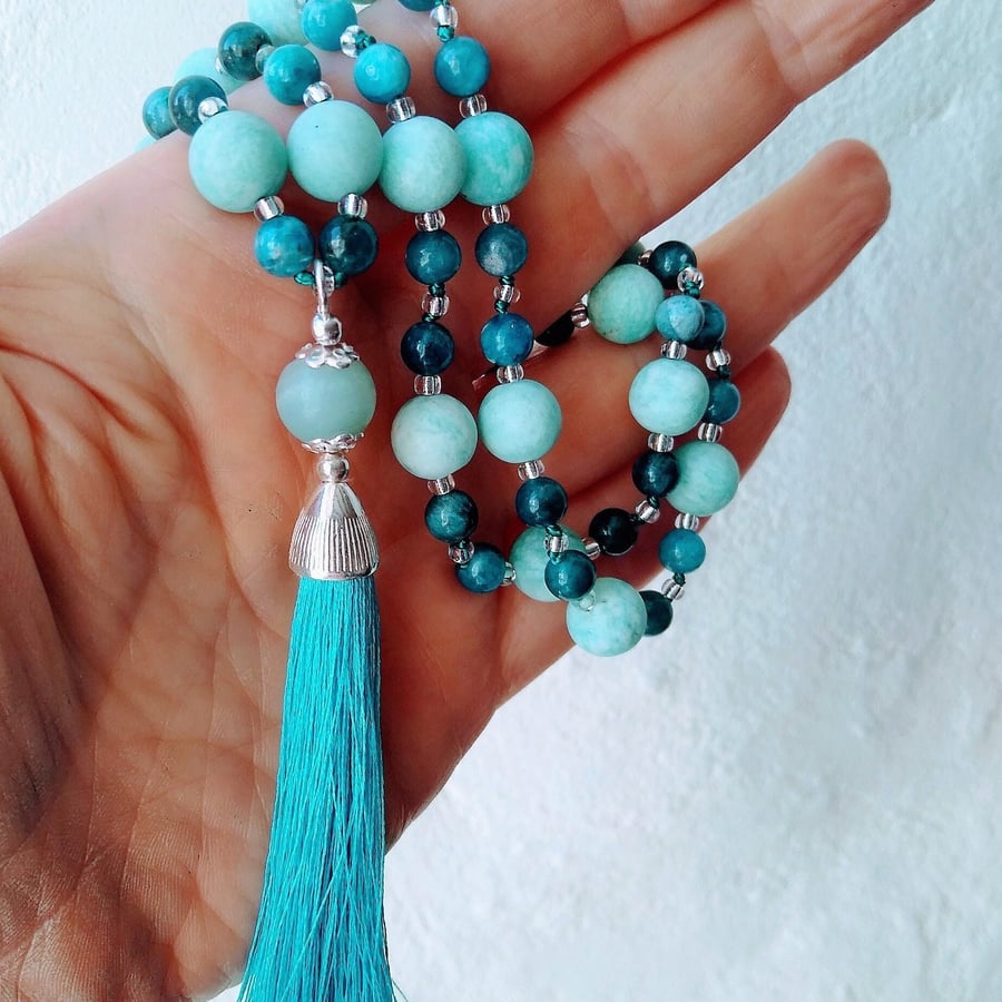 Genuine Apatite & Amazonite Long Tassel Adjustable Overhead Necklace 24-28 Inch