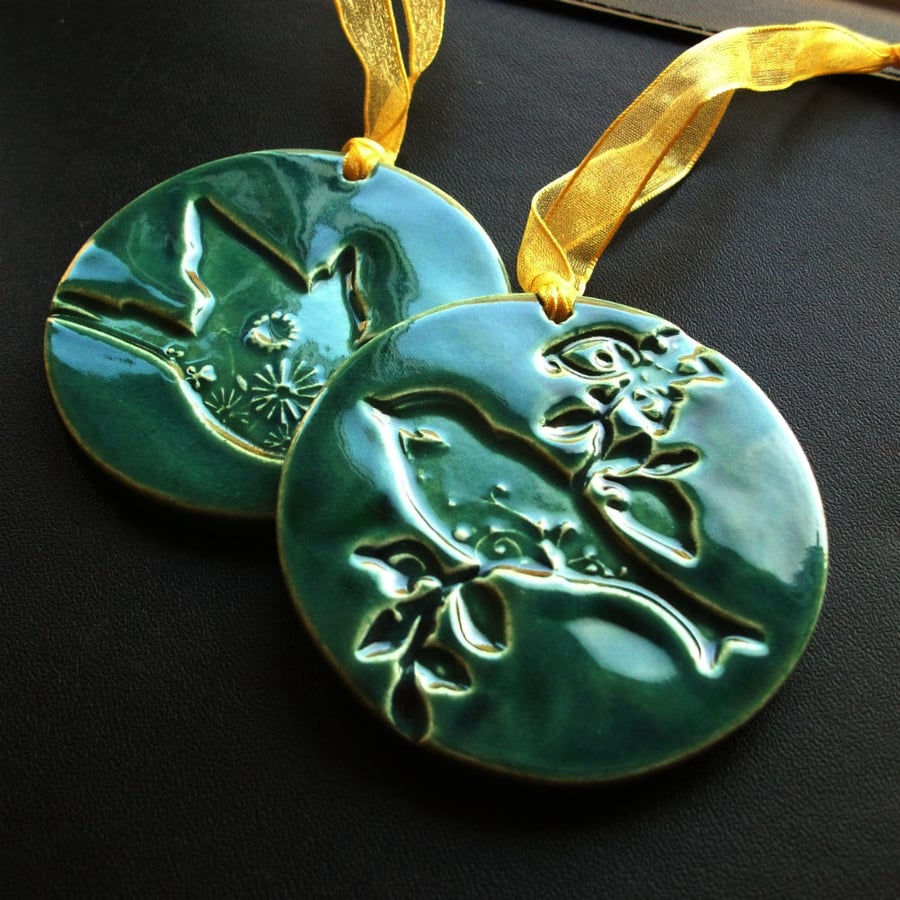 SALE Set of two large dark green ceramic bird hanging decorations 