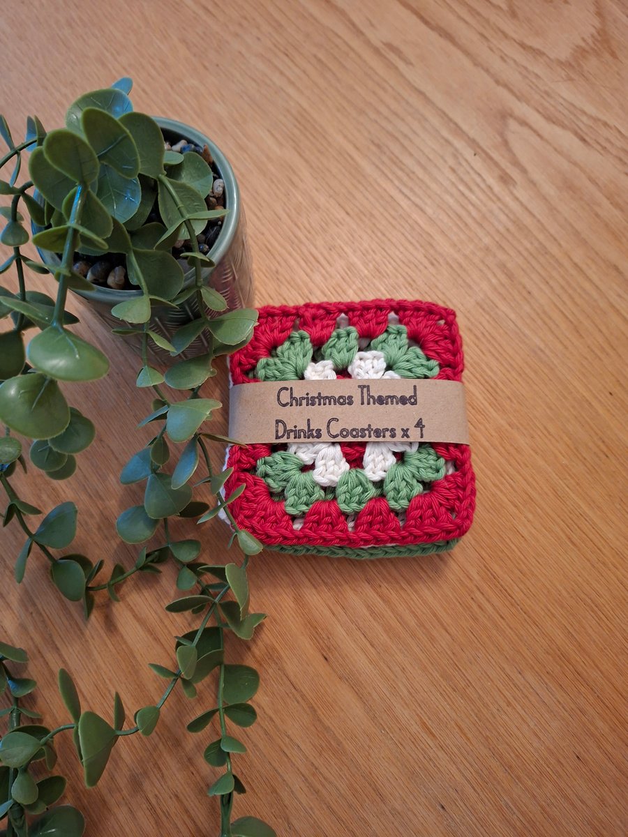 Set of 4  granny square crochet Christmas themed drinks coasters