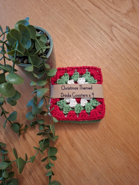 Set of 4  granny square crochet Christmas themed drinks coasters