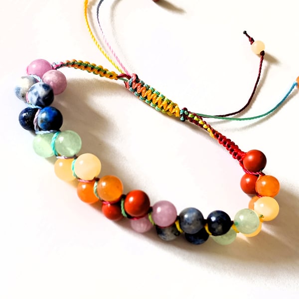 Rainbow Multi Gemstone Macrame Cord Adjustable Bracelet 7-8 Inch