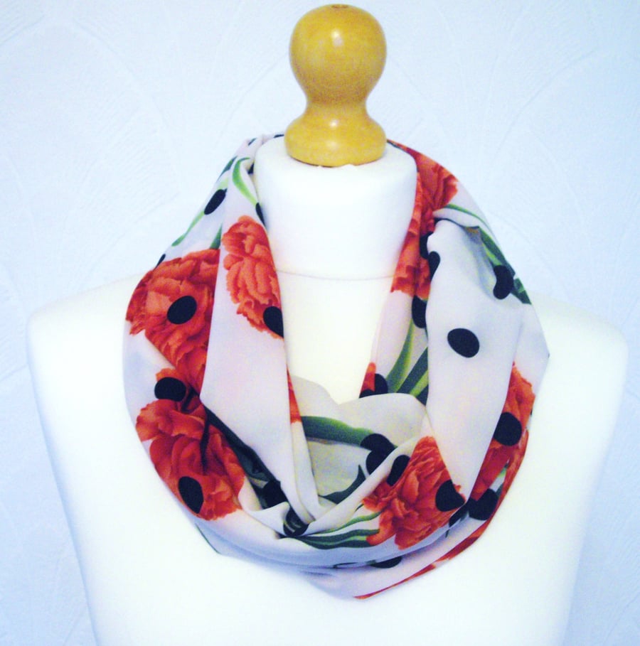 Red and off white flower polka dot infinity scarf loop chiffon cowl