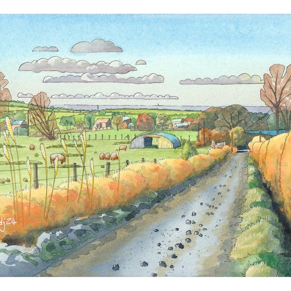 A4 Print of Colourful Pen & Ink & Watercolour of Country Lane near Chorley