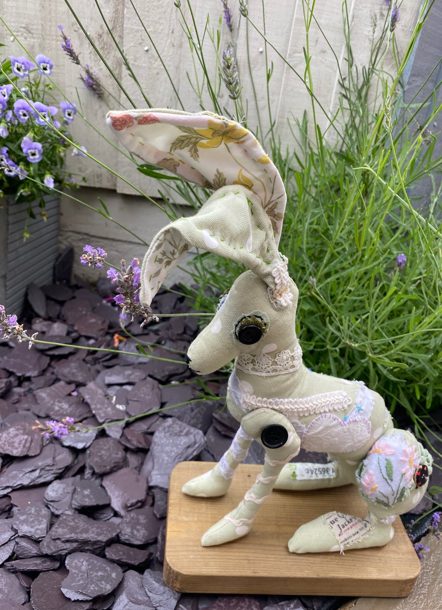 Hare soft sculpture, scrappy style - appliqué & hand embroidery detail. free p&p