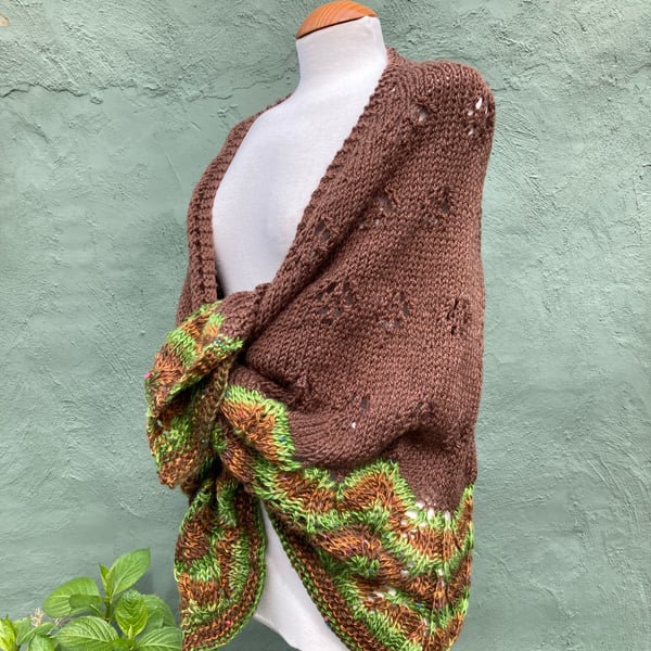 Brown and Bold Green Handknitted Crescent Lace Shawl 