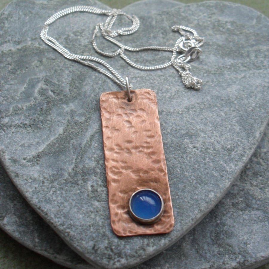 Copper Pendant with Blue Quartz Semi Precious Gemstone Vintage Style 