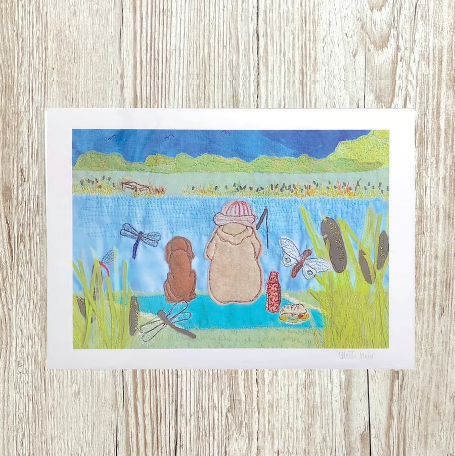 Gone Fishing - dog and fisherman fishing picture art