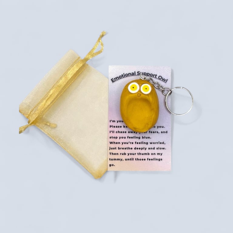 Golden Worry Stone Owl Keychain - Emotional Support Owl Fidget Stone