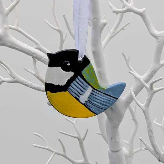 Clay bird hanging decoration, great tit, gift for a bird lover