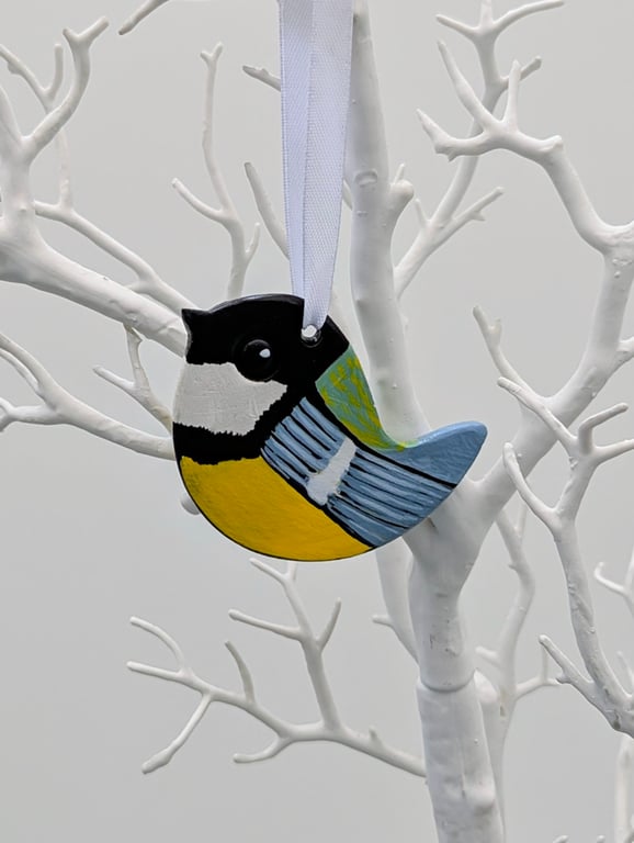 Clay bird hanging decoration, great tit, gift for a bird lover