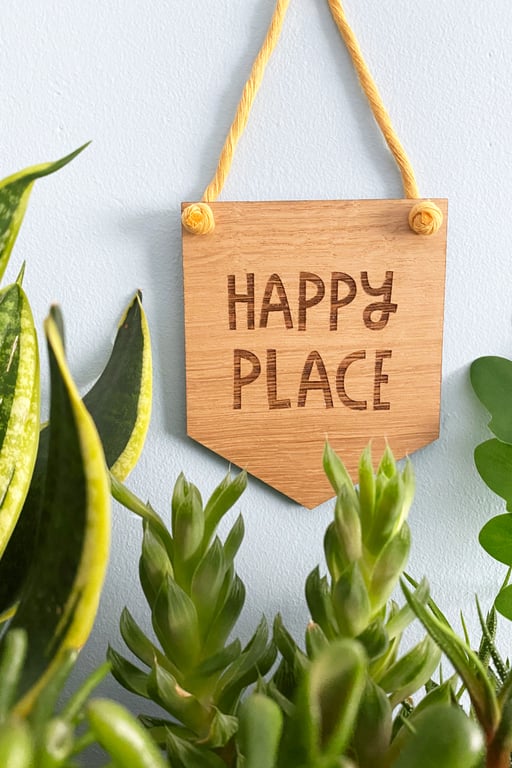 Happy Place hanging decoration made in Yorkshire, motivational plant home decor