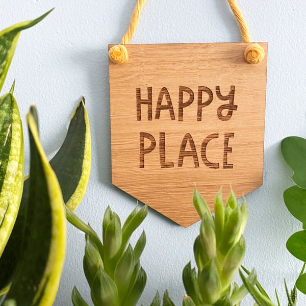 Happy Place hanging decoration made in Yorkshire, motivational plant home decor