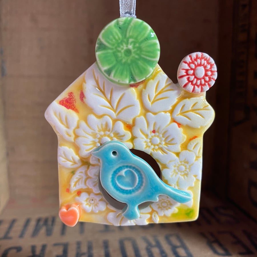 Small Ceramic bird house decoration yellow speckle