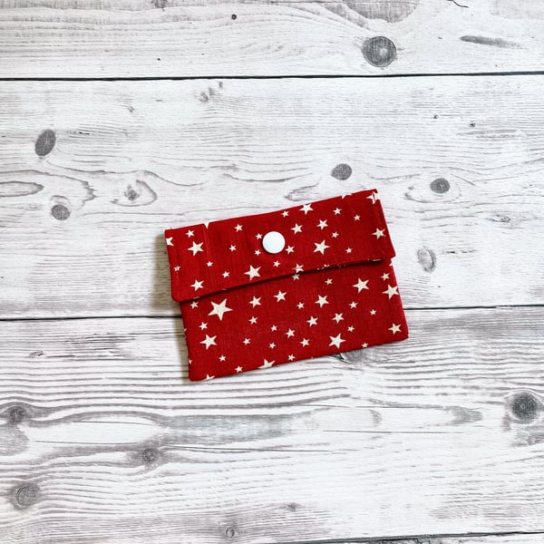 Red with white stars cotton card holder pouch. Loyalty cards holder.