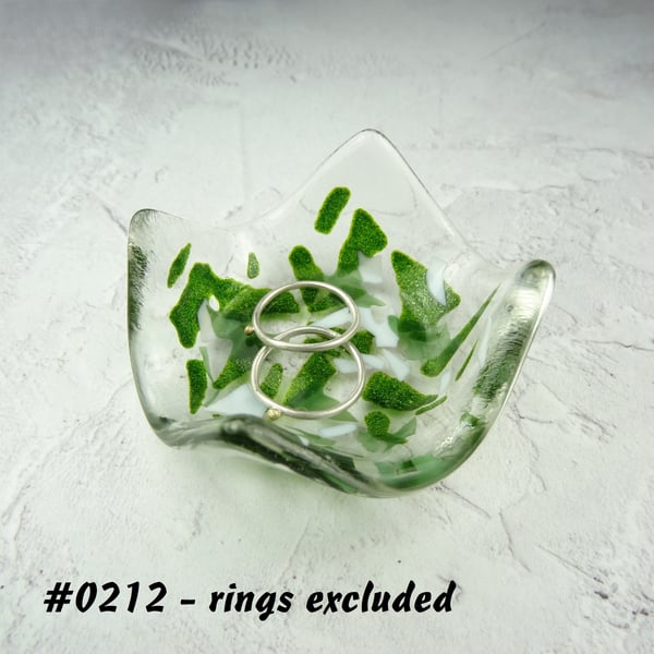Green and white fused glass ring dish, 7cm approx, handcrafted (0212)