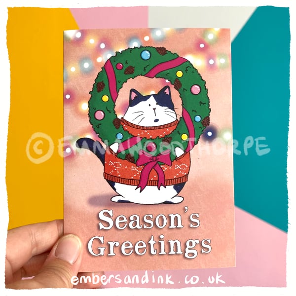 Season's Greetings Wreath Cat Christmas Greetings Card