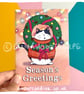 Season's Greetings Wreath Cat Christmas Greetings Card