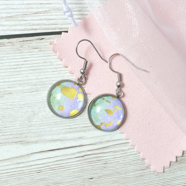 Green, lilac and gold dangle earrings, ooak, hypoallergenic drop earrings