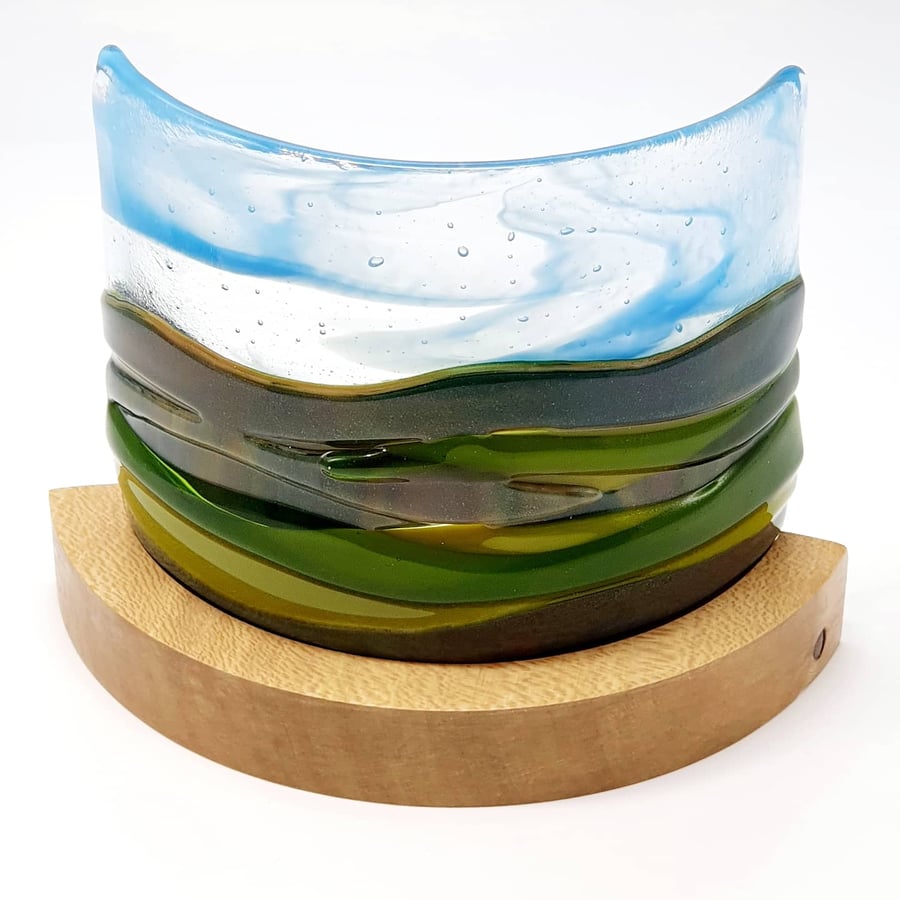 ‘Rolling Hills’ Fused Glass Curve Panel in Curved Wooden Stand with Tealight