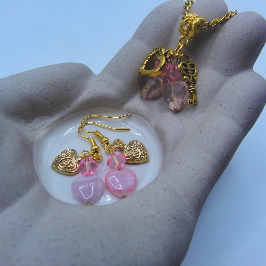 Pink & Gold Hearts with Pink Crystal on a Gold Chain with Matching Earrings