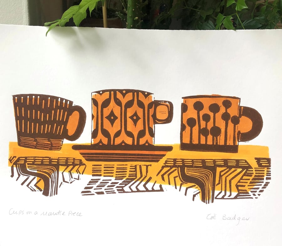 Cups on a Mantlepiece Linoprint