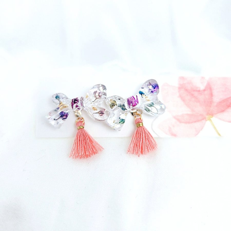 Dried flowers earrings Ribbon shape earrings Cute earrings