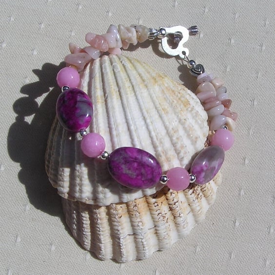 Rhodonite, Morganite & Pink Opal Crystal Gemstone Beaded Bracelet "Carnation"