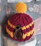 Small Tea Cosy for 2 Cup Tea Pot, Dark Red & Gold Striped, Hand Knitted - Image 3