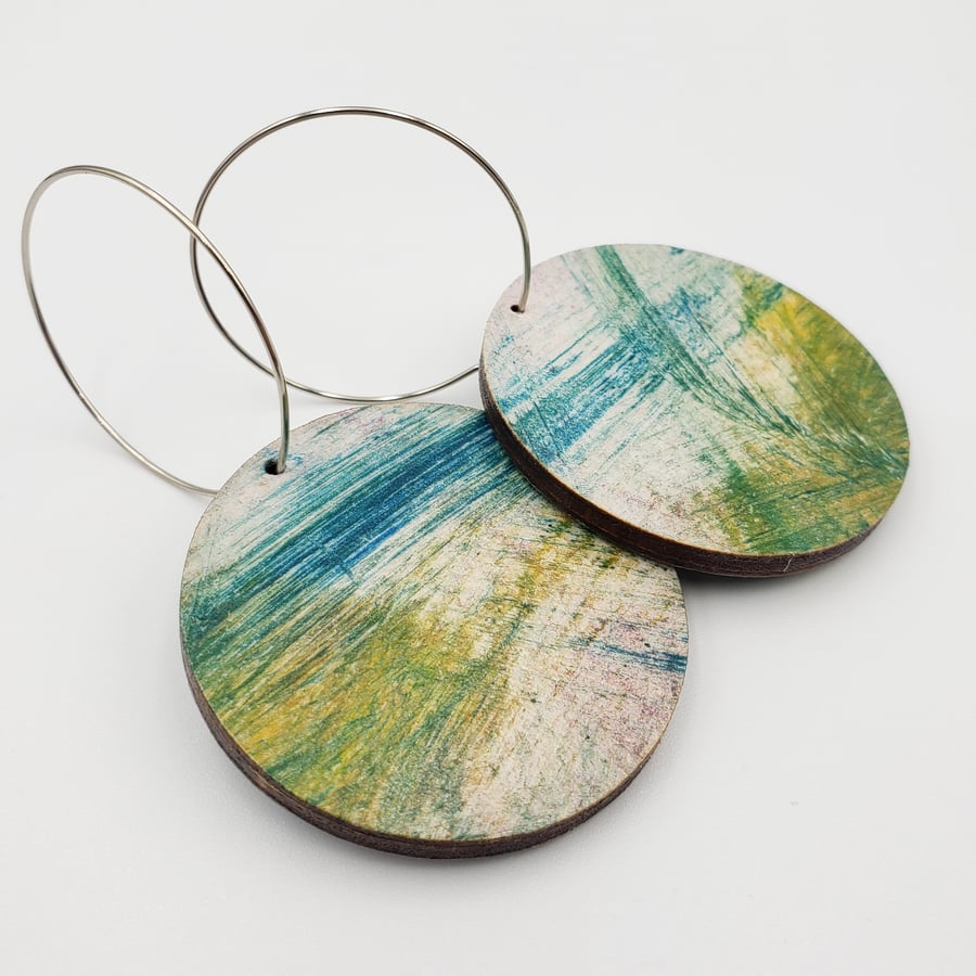 Colourful arty wooden dangly earrings