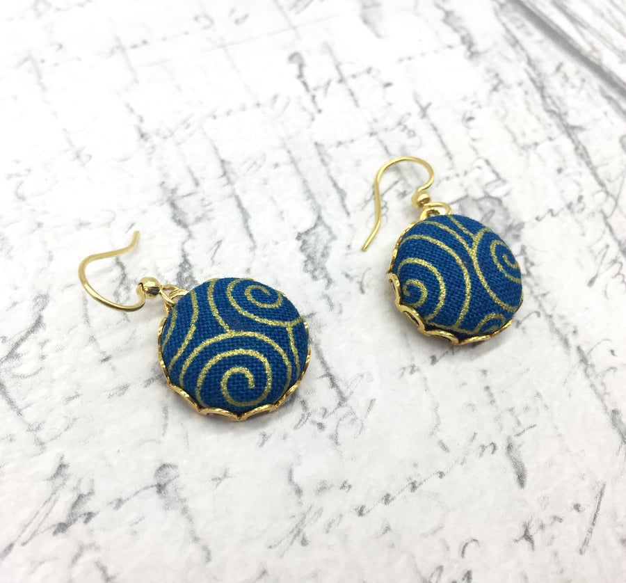 Dark blue with gold swirls fabric button earrings Gustav Klimt inspired