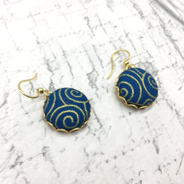 Dark blue with gold swirls fabric button earrings Gustav Klimt inspired