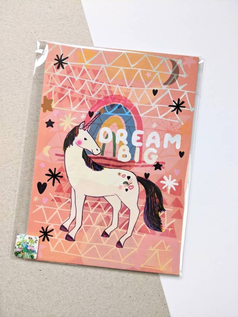 Dream Big A5 Postcard - Unicorn - Motivational - Positive Words - Small Art 