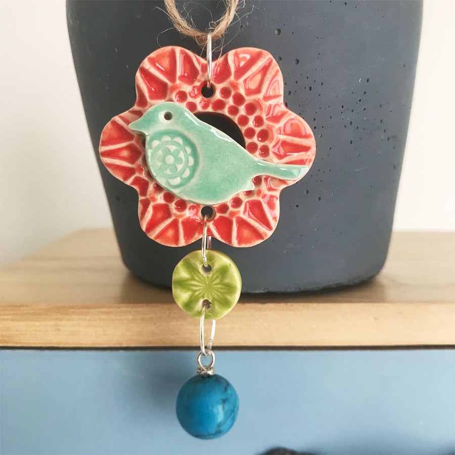 Teeny bird and flower dangly decoration or pendant