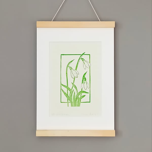 Snowdrop Lino Print - botanical art linocut flower original print springtime