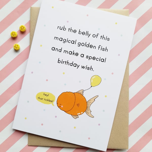 magical fish A6 birthday greetings card, funny card, cute card, birthday poem