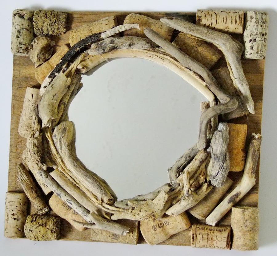 Decorative mirror made from driftwood, cork, string & recycled wood, rustic.