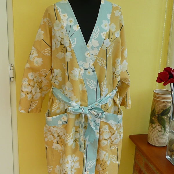 Bath robe Kimono dressing gown yellow floral beach wrap upcycled textiles