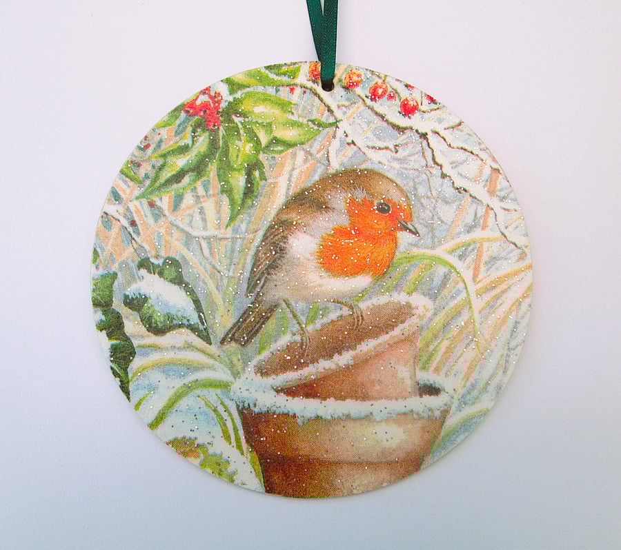 Christmas robin wood decoupage hanging decoration