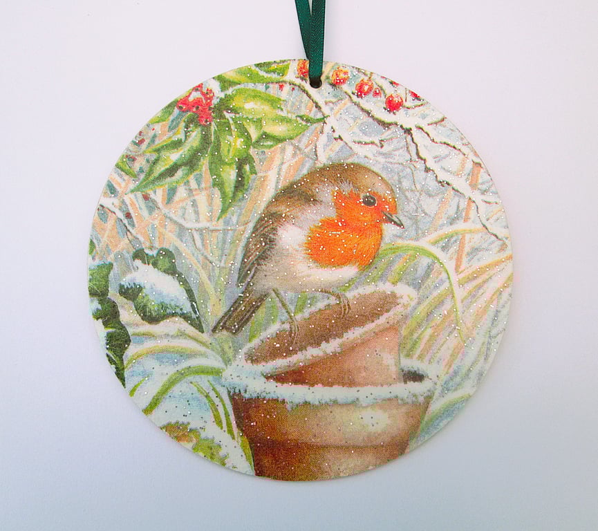 Christmas robin wood decoupage hanging decoration