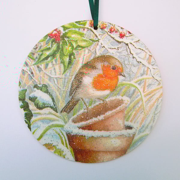 Christmas robin wood decoupage hanging decoration