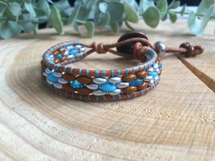 Beautiful beaded cuff blue and bronze ladies leather adjustable boho bracelet