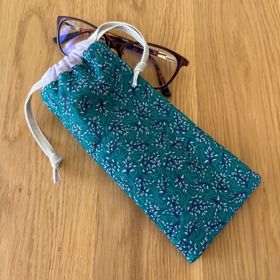 Glasses case, sunglasses pouch, padded, with drawstring,  in teal floral cotton